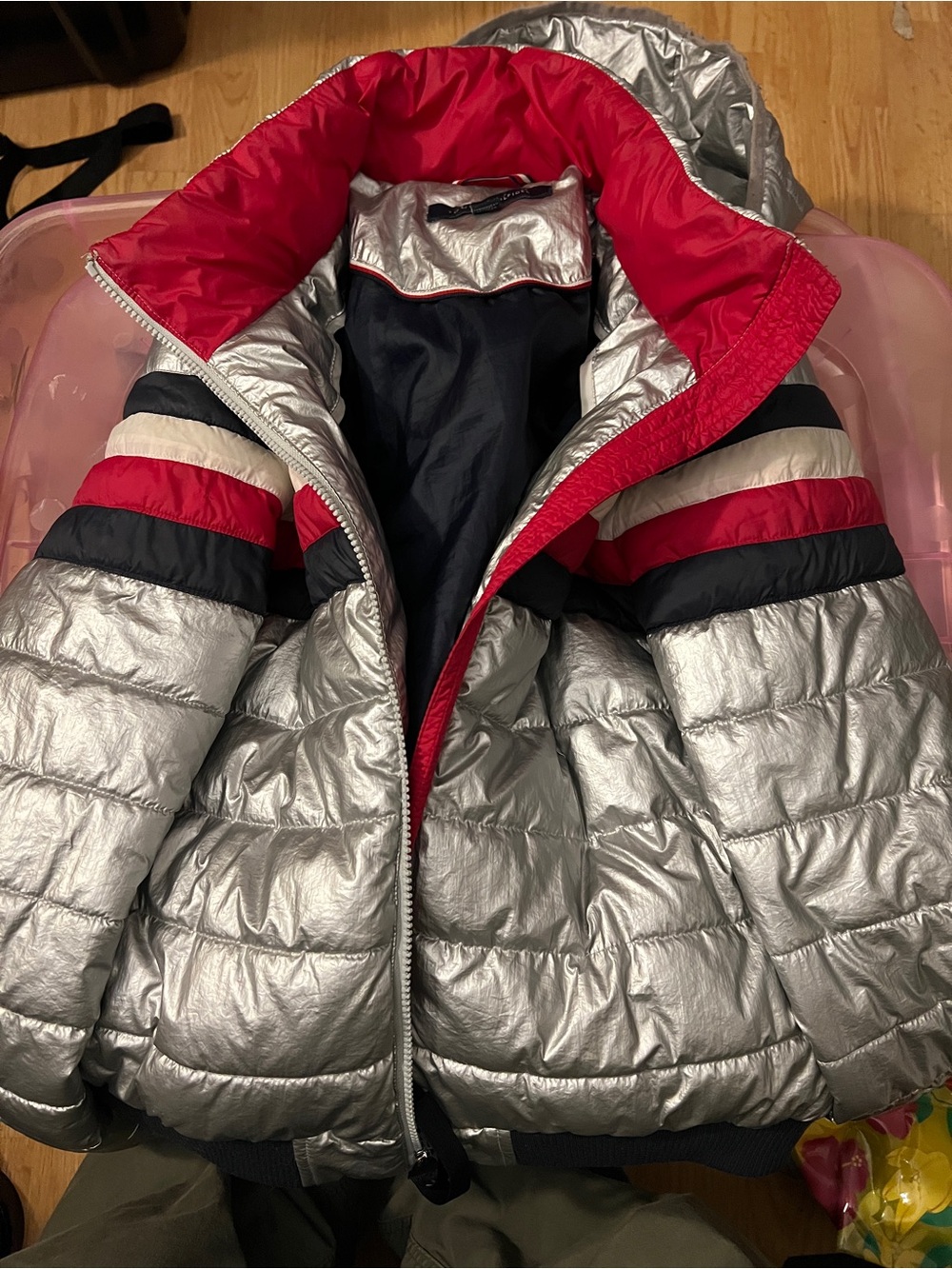 Tommy Hilfiger Silver Puffer Jacket with Red and Black Trim